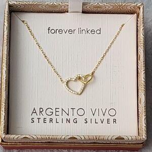 Gold over S925 Interlocked Hearts CZ Fixed Pendant Necklace, Argento Vivo, NEW!